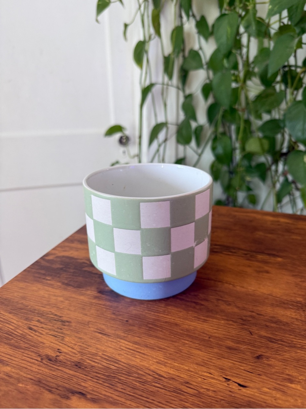 Checkerboard Ceramic Planter decor in Green, White & Blue